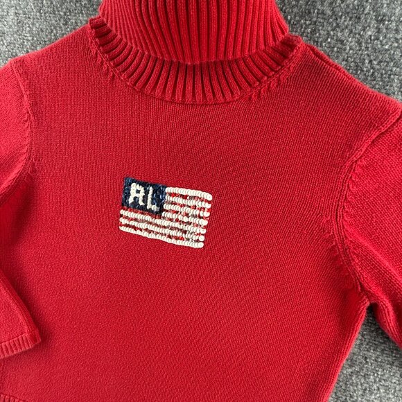 Polo Jeans Ralph Lauren Sequin Flag Sweater Knit Medium Red Turtleneck Pullover - Picture 4 of 15